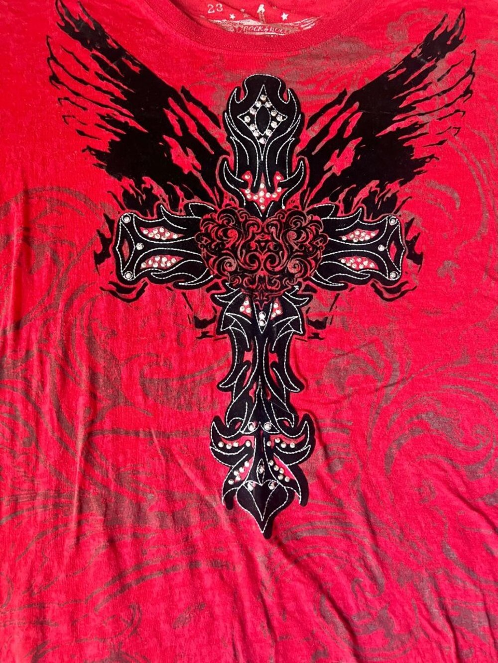 Panhandle Slim Rock & Roll Cowgirl T Shirt women’s XXL Red w/ Black Cross Bling - Picture 2 of 7